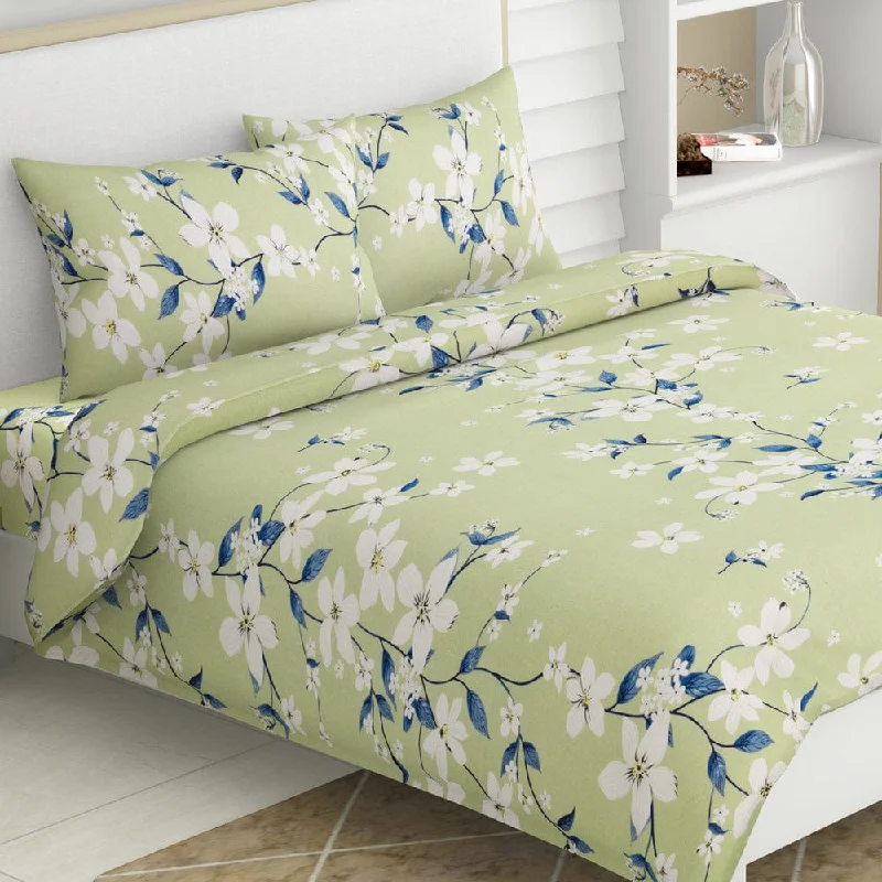 Deal Dash Ivory Bloom 100% Cotton Double Size Bedsheet, 144 TC, Green