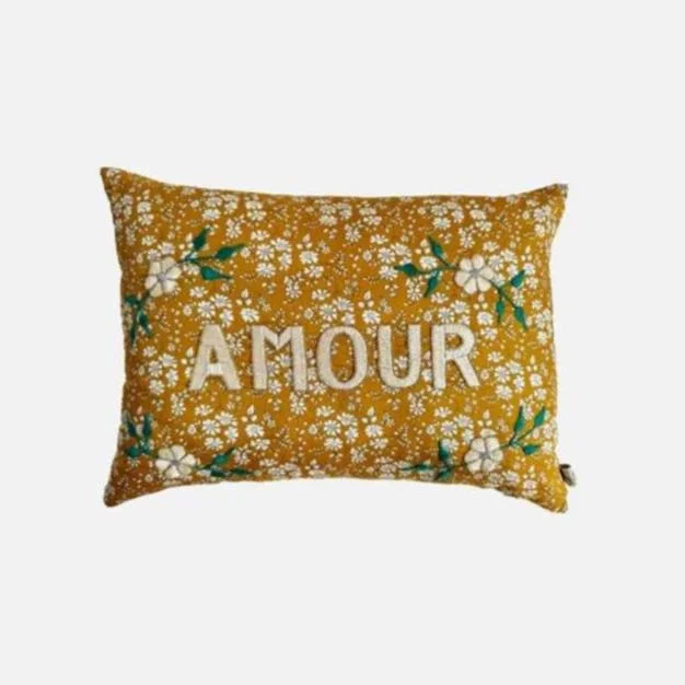 Hurry In Amour Yellow Floral French Embroidered Lumbar Pillow