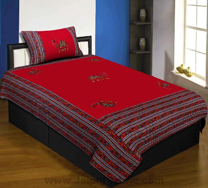 Unmissable Sale Applique Red Camel Jaipuri  Hand Made Embroidery Patch Work Single Bedsheet