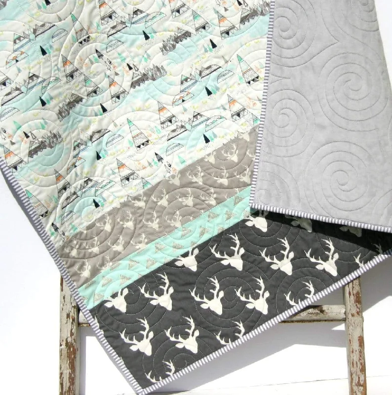 Time-Limited Offer Baby Quilts Handmade, Personalized Gifts, Woodland Boy Nursery Decor, Toddler Blanket, Grey Deer Minky, Teepee Light Blue Aqua, Buck Stag