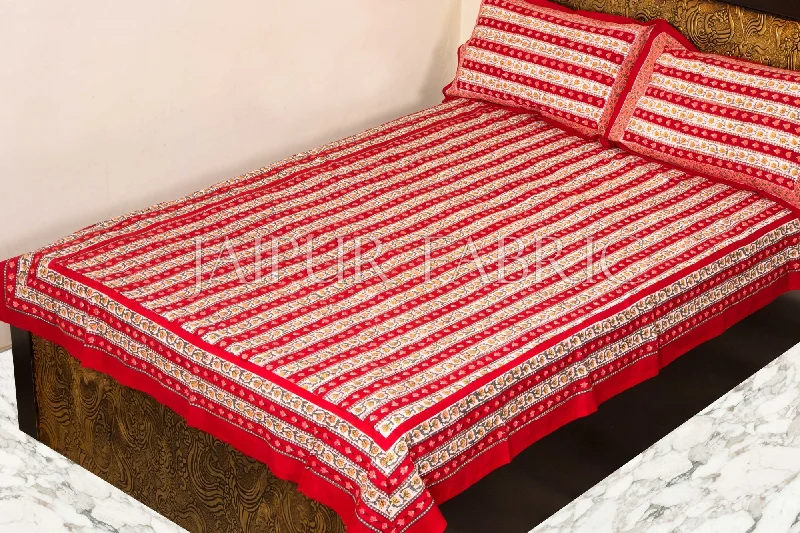 One-DAY Sale Beautiful Red Vertical Print Single Bed Sheet with Two Pillow Covers