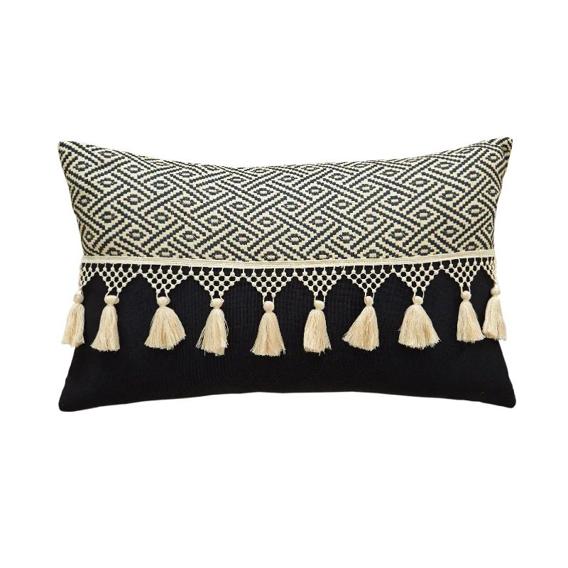 Discount Mania Black and Tan Tassle Lumbar Pillow