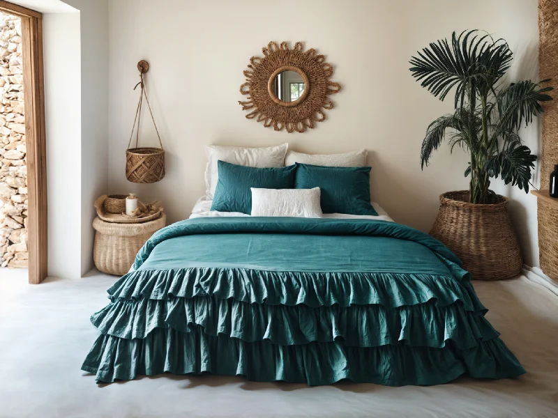 Extra Discount Teal linen triple ruffled duvet cover