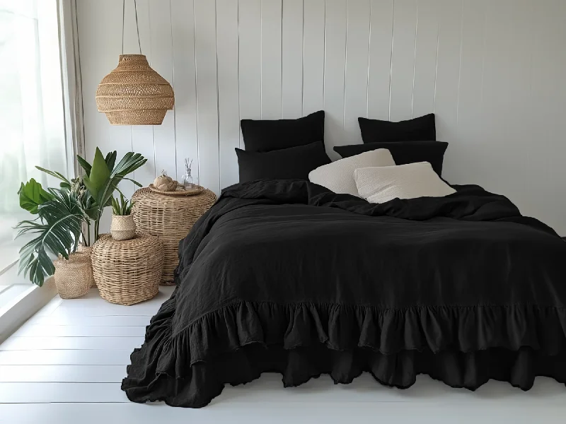 Discount Mania Black linen triple ruffled duvet cover