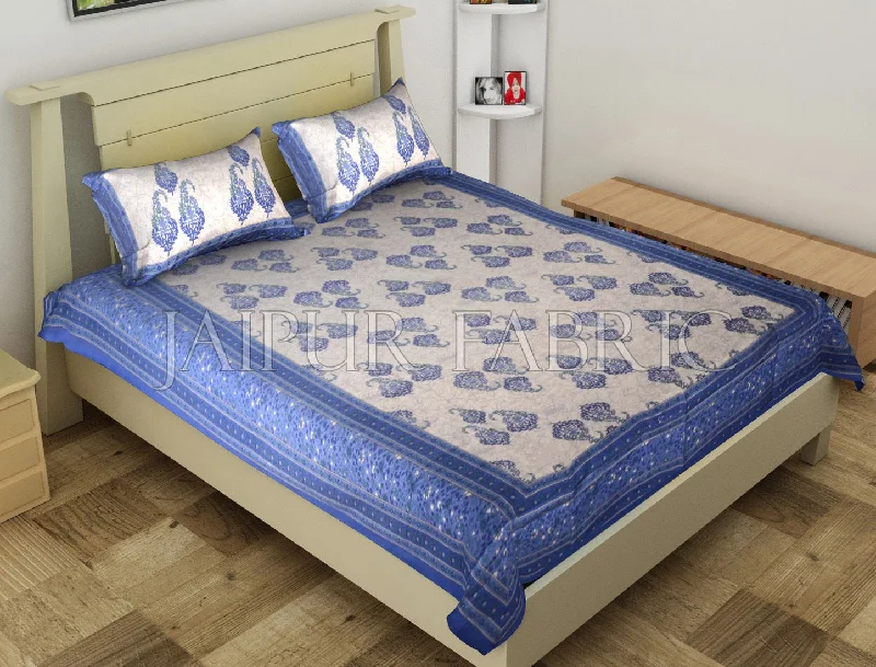 Grand Opening Sale Blue Border Boteh Printed Cotton Single Bed Sheet