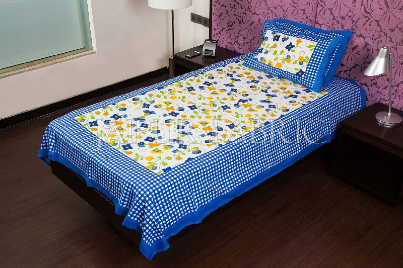 Special Buy Blue Checks White Base Floral Print Single Cotton Bed sheet