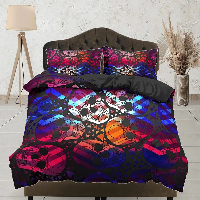 Overstock Sale Colorful Skulls Black Duvet Cover Set Bedspread, Dorm Bedding with Pillowcase Overstock Sale Colorful Skulls Black Duvet Cover Set Bedspread, Dorm Bedding with Pillowcase