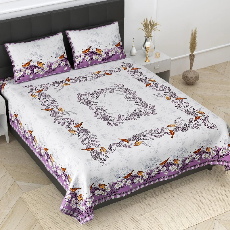 Referral Discount Daisy Flower Birds Print Purple King Size Bedsheet