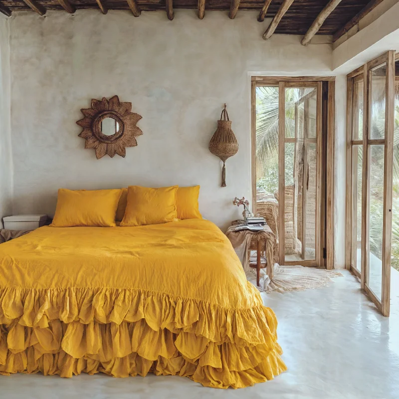 Shop Now Turmeric linen triple ruffled duvet cover
