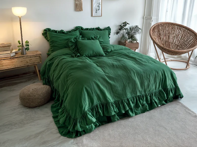 Now Available Forest green linen triple ruffled duvet cover