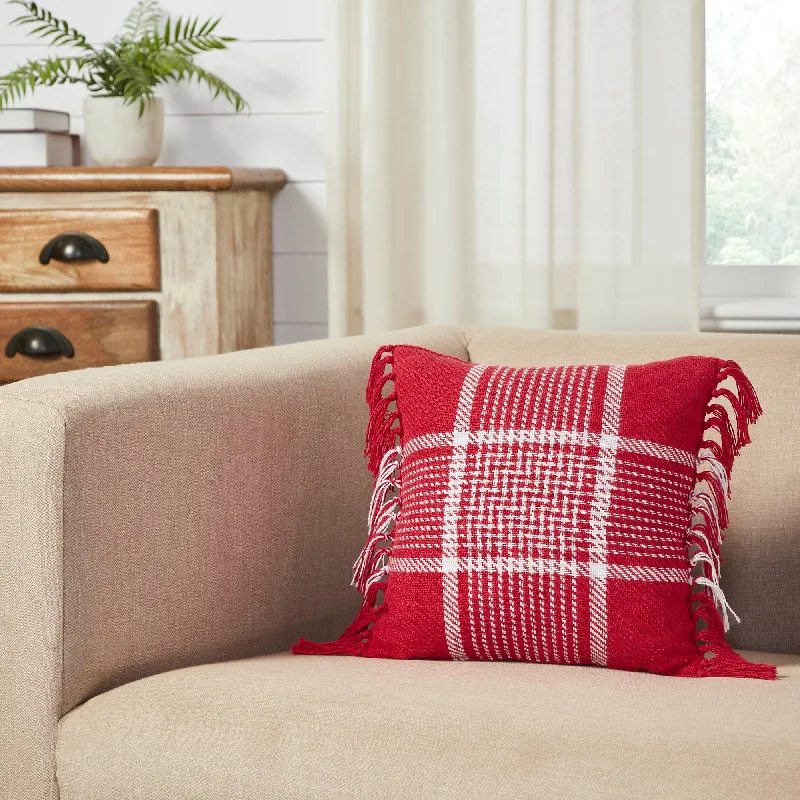 Discount Extravaganza Eston Red White Plaid Pillow Fringed 12x12