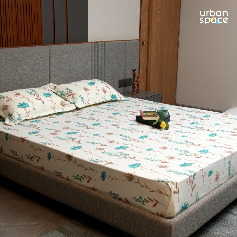 New Deals Serene 200 TC 100% Cotton Bedsheet with Pillow Covers - Orchid Blooms - Turquoise
