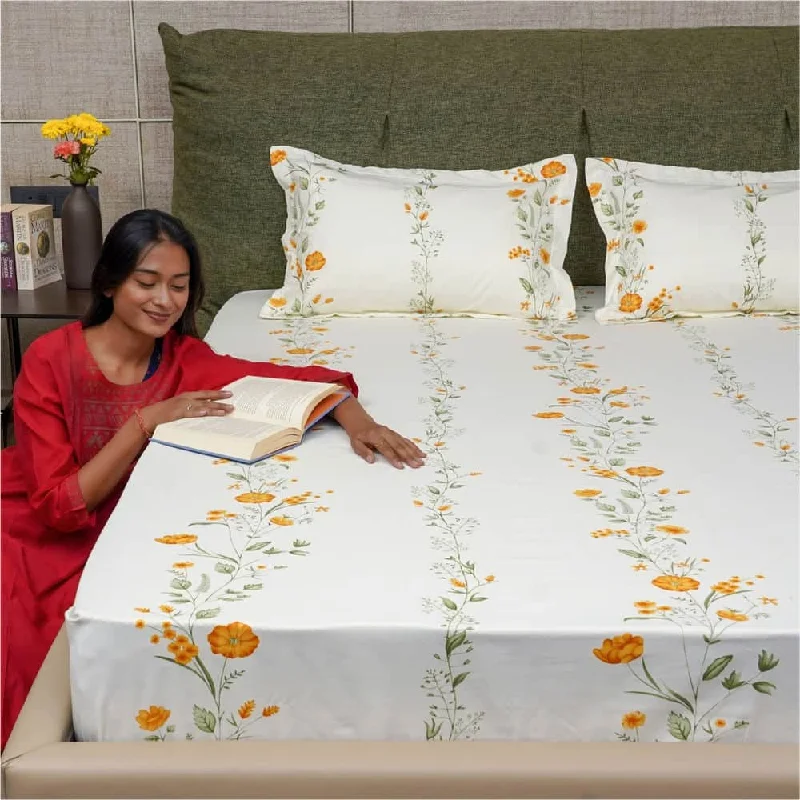 Today’s Deal Fitted King Size Cotton Bedsheet - Veil Bloom- Yellow