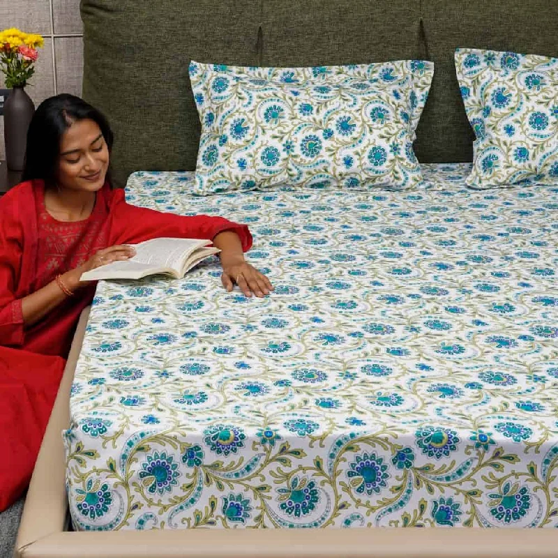 Weekend Deal Serene Collection - Breathable 200 TC 100% Pure Cotton Bedsheet with Pillow Cover, Guldaudi Floral- Blue Weekend Deal Serene Collection - Breathable 200 TC 100% Pure Cotton Bedsheet with Pillow Cover, Guldaudi Floral- Blue