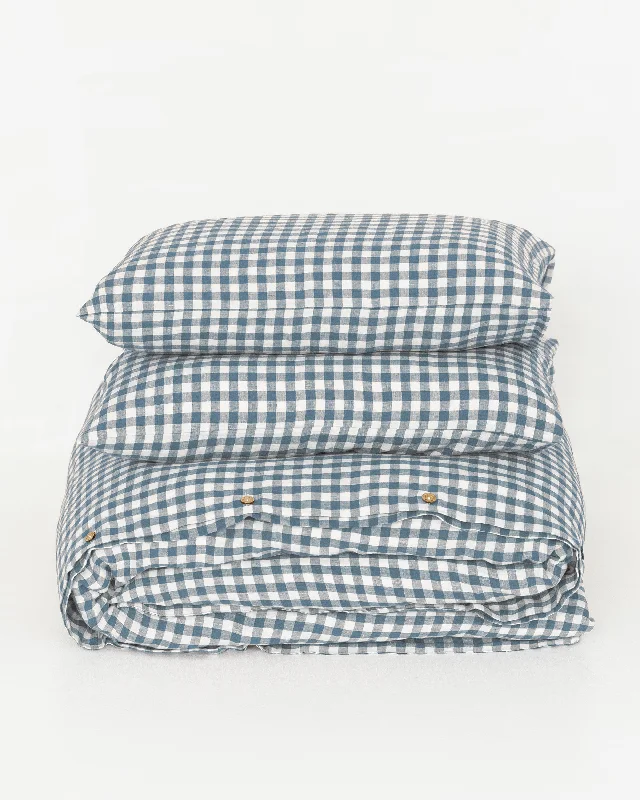 Crazy Deals Gray blue gingham linen duvet cover set (3 pcs)