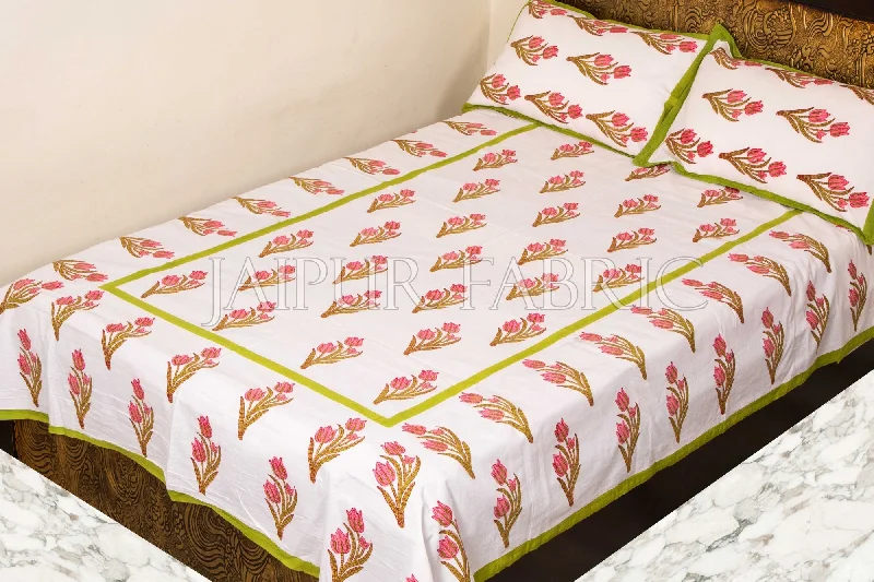 Incredible Offers Green Border White Base Pink Flower Handmade Block Print Single Bed Sheet with Two Pillow Covers Incredible Offers Green Border White Base Pink Flower Handmade Block Print Single Bed Sheet with Two Pillow Covers