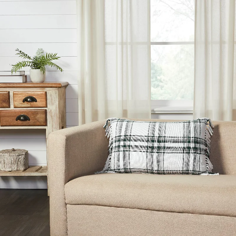 Amazing Value Harper Plaid Green White Pillow Fringed 14x22