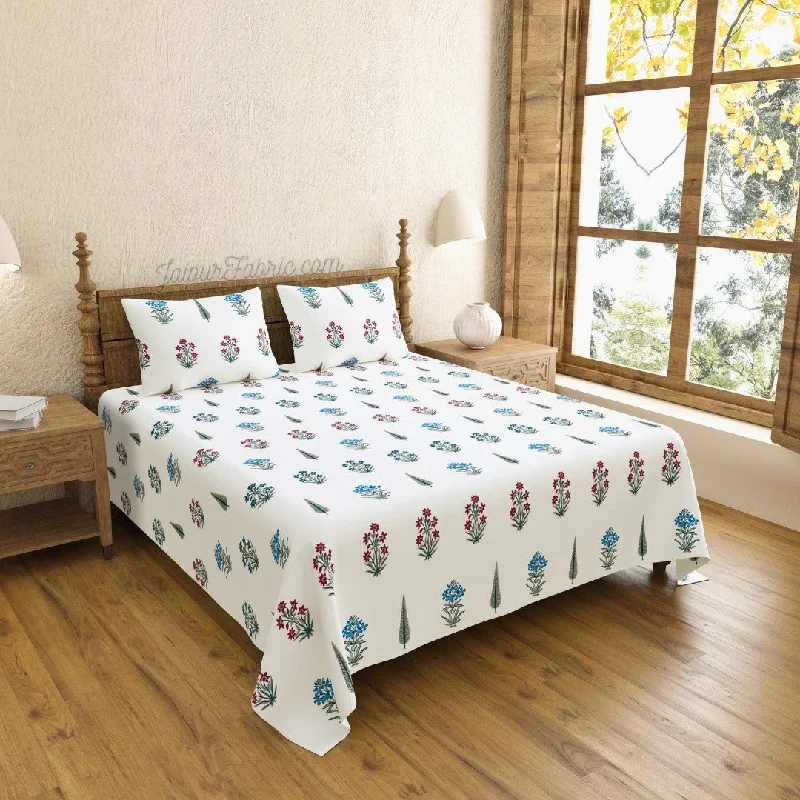 Special Promotion India Blocks of Red Blue Flowers Grey Leaves King Size Block Printed Bedsheet