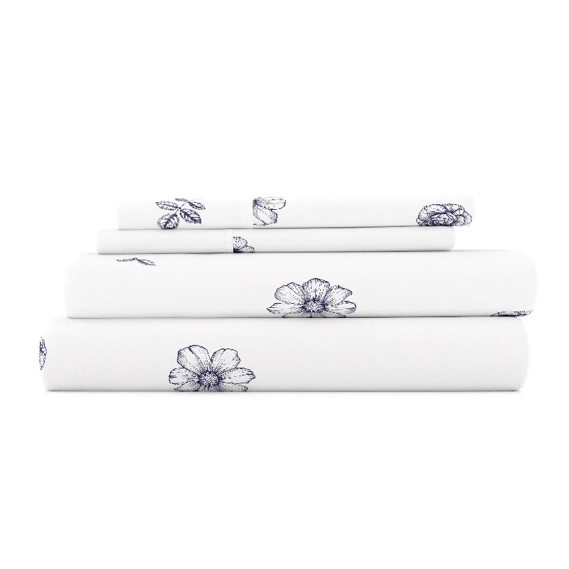 Special Offer Indigo Flowers Pattern 4-Piece Sheet Set
