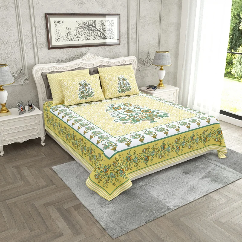 Deal Explosion Jaipuri Gamla Lemon Yellow Cotton King Size Bedsheet