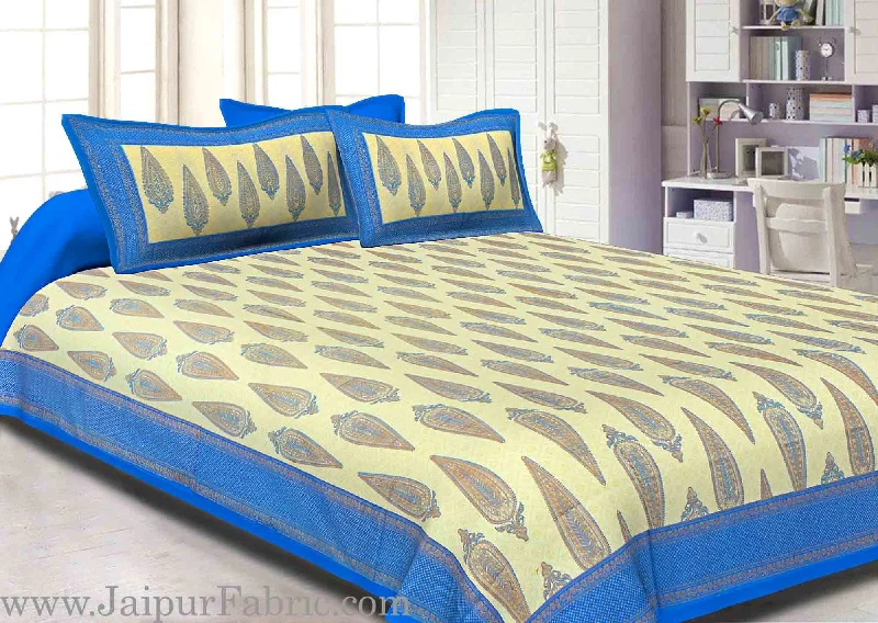 Exclusive Online Offer king size bedsheet blue border golden paisley print with two pillow cover Exclusive Online Offer king size bedsheet blue border golden paisley print with two pillow cover
