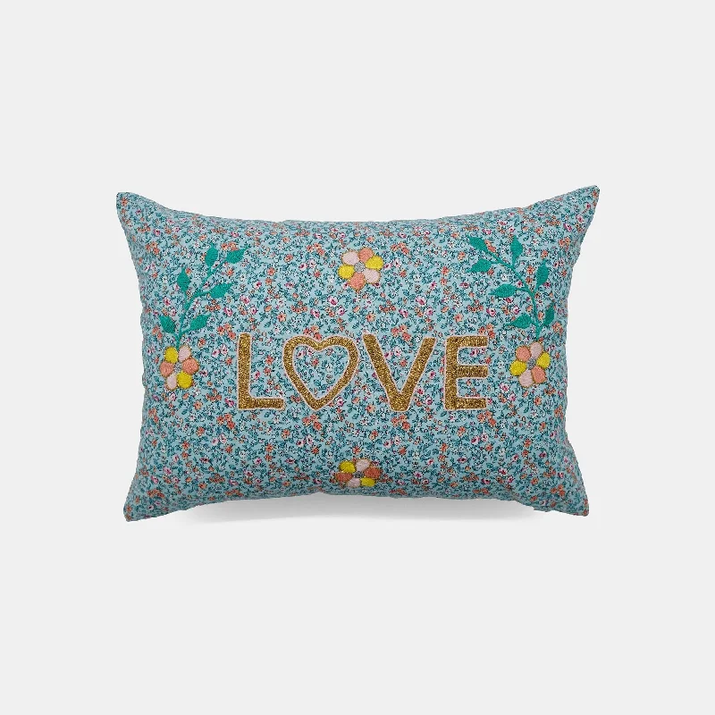 Markdown Sale Love Teal Floral French Embroidered Lumbar Pillow