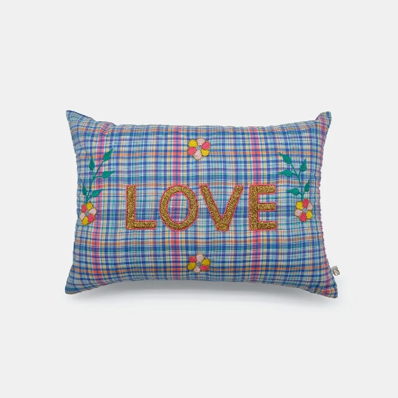 Closeout Deal Love Plaid French Embroidered Lumbar Pillow