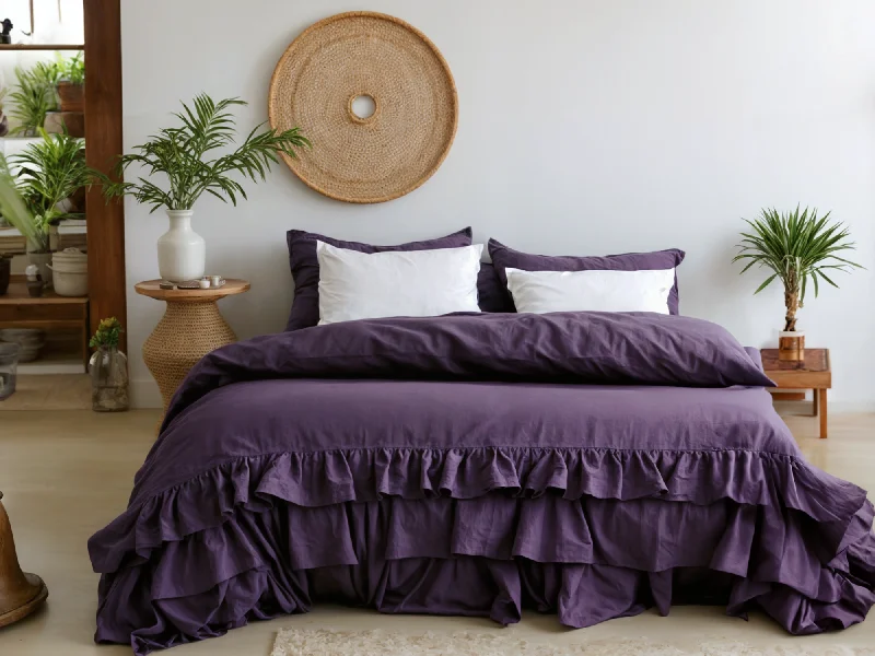 Lowest Rates Deep purple linen triple ruffled duvet cover