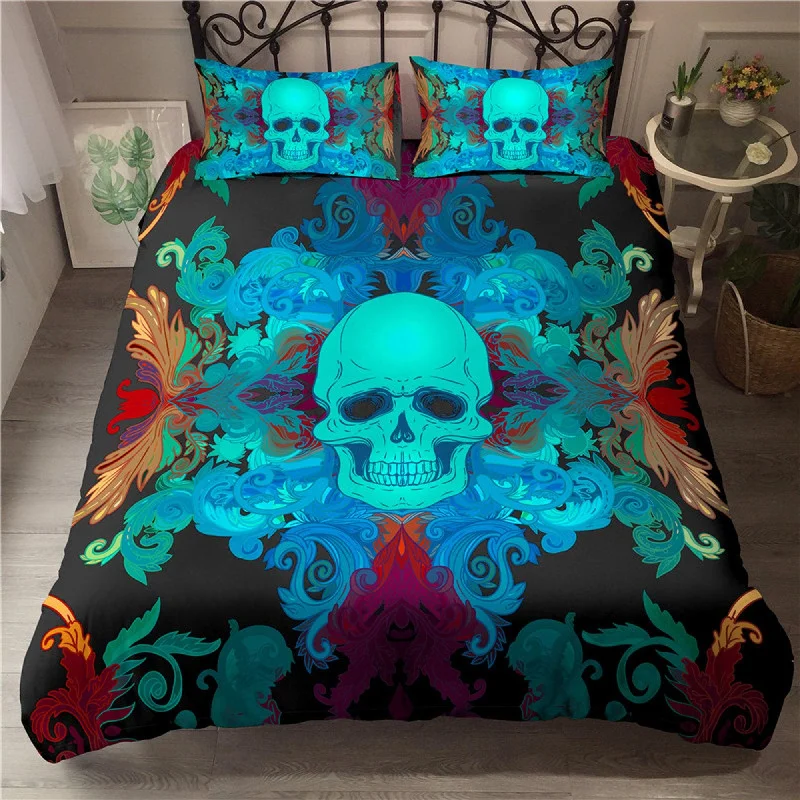 Early Bird Neon Skull Black Duvet Cover Set Bedspread, Dorm Bedding with Pillowcase