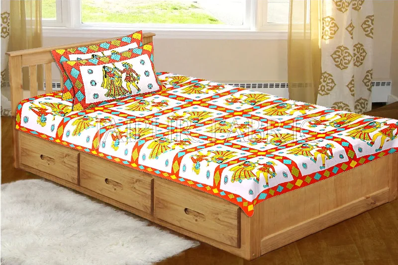 Big Discounts Orange Base Jaipuri Folk Dance Cotton Single Bed Sheet