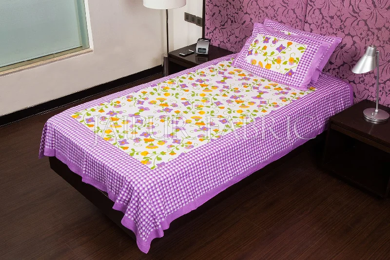 Markdown Madness Purple Checks White Base Floral Print Single Cotton Bed sheet
