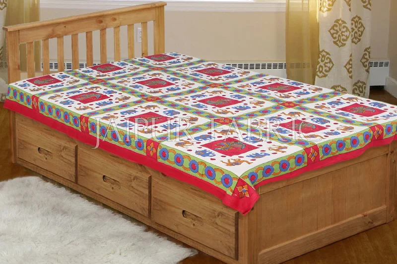 Your Shopping Spree Starts Here Red Base Blue elephant Brown Camel Block print Single Bed Sheet Your Shopping Spree Starts Here Red Base Blue elephant Brown Camel Block print Single Bed Sheet