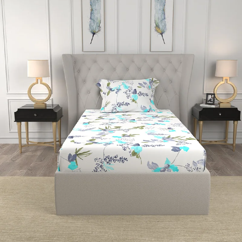 Price Blitz Regal Collection - Breathable 200 TC 100% Pure Cotton Single Bedsheet with Pillow Cover, Cherry Blossom- Blue Price Blitz Regal Collection - Breathable 200 TC 100% Pure Cotton Single Bedsheet with Pillow Cover, Cherry Blossom- Blue