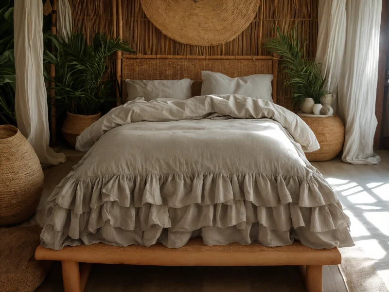Weekend Special Undyed linen triple ruffled duvet cover