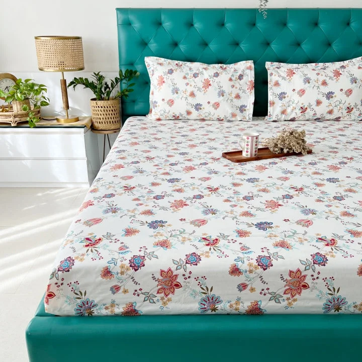 Upgrade Your Wardrobe For Less Serene 200 TC 100% Cotton Printed Bedsheet with Pillow Covers - Paradise Peach & Blue Upgrade Your Wardrobe For Less Serene 200 TC 100% Cotton Printed Bedsheet with Pillow Covers - Paradise Peach & Blue