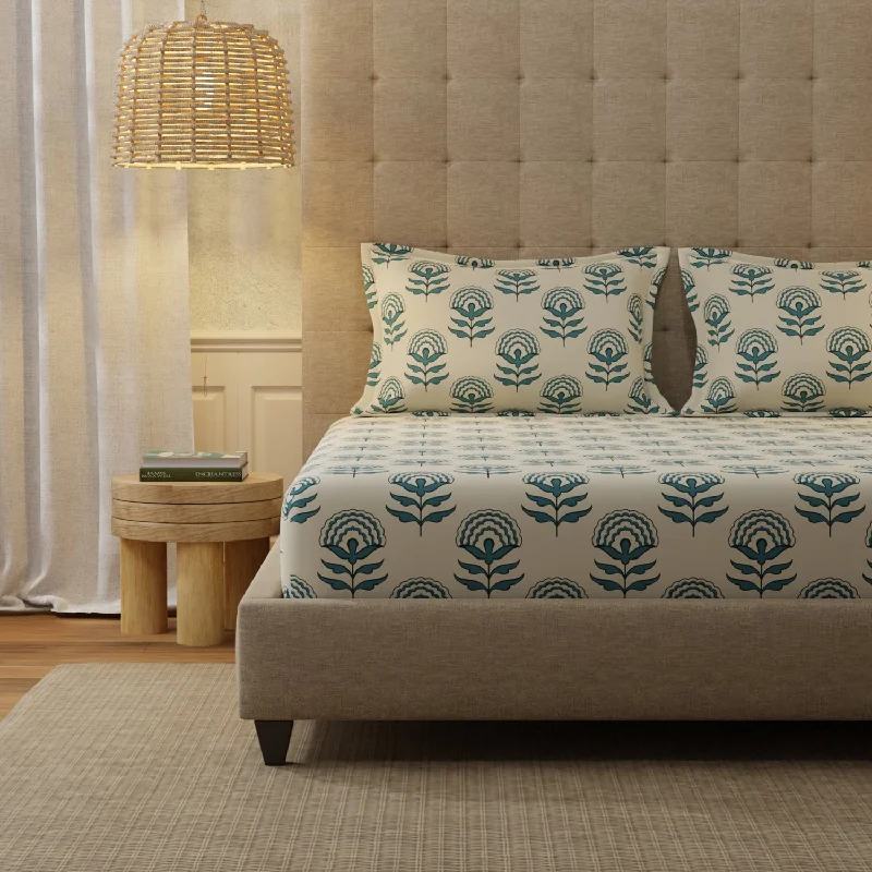 Holiday Sale Serene 200 TC 100% Cotton Single Bedsheet with Pillow Covers - Florabell Blue