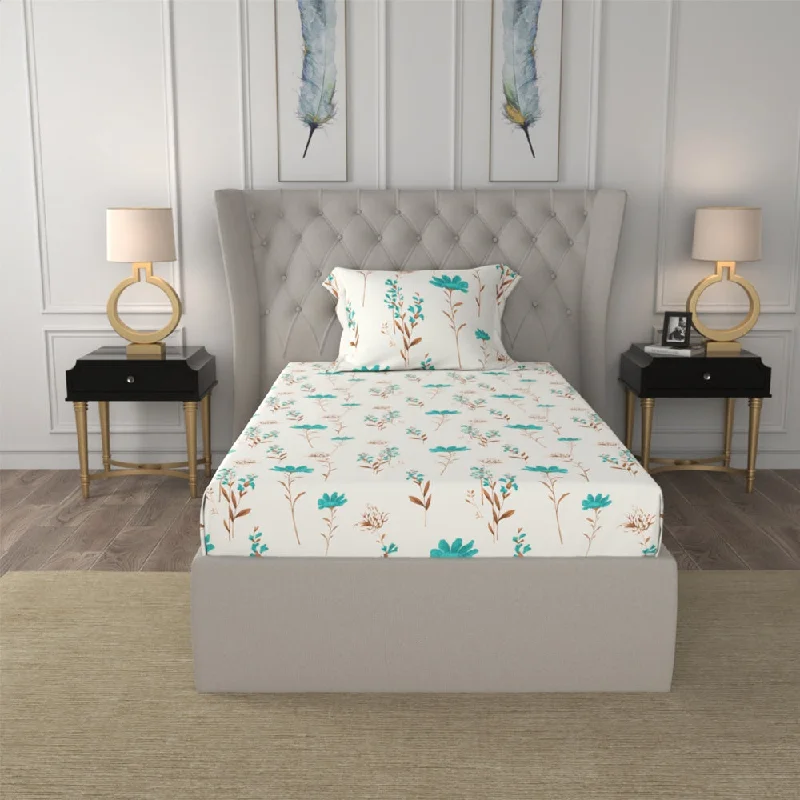 Early Bird Discount Serene 200 TC 100% Cotton Single Bedsheet with Pillow Covers - Orchid Blooms - Turquoise Early Bird Discount Serene 200 TC 100% Cotton Single Bedsheet with Pillow Covers - Orchid Blooms - Turquoise