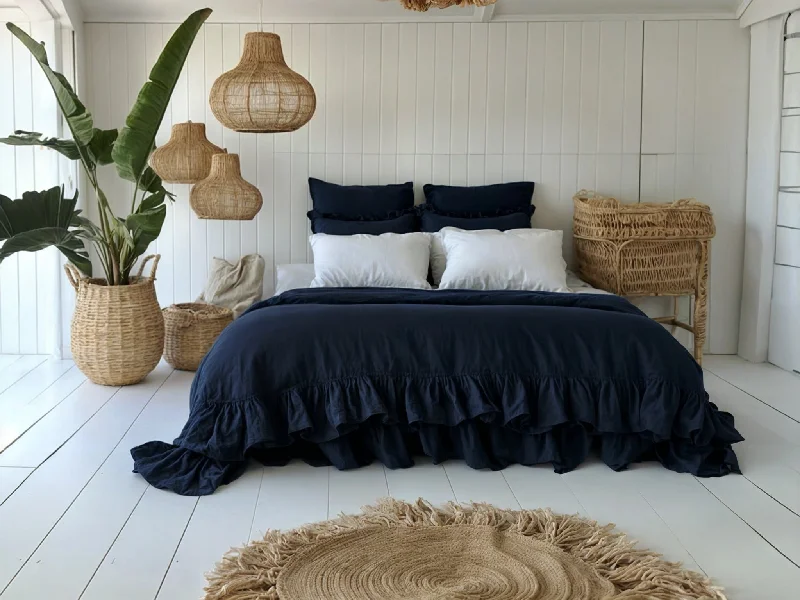Flash Sale Navy linen triple ruffled duvet cover