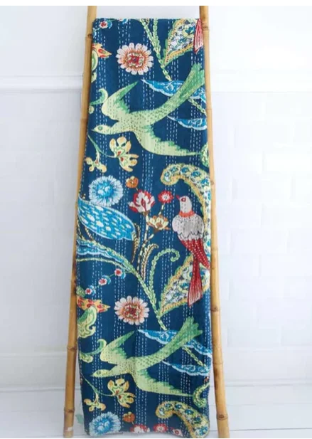 Unmissable Sale Throw - Blue Floral Exotic Bird Kantha Throw
