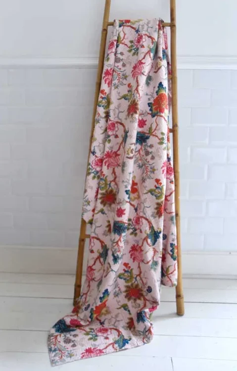 Weekend Savings Sensation Throw - Pink Exotic Flower Kantha Throw