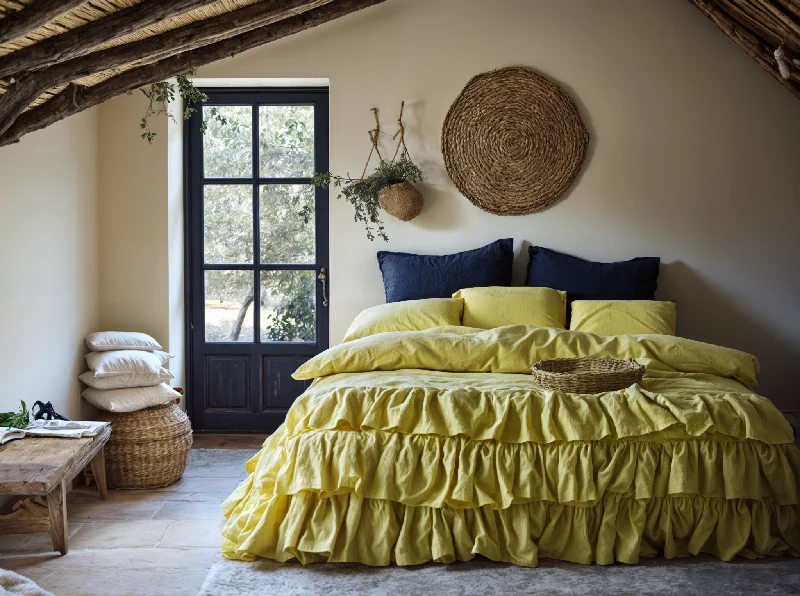 Can't Beat Chartreuse yellow linen triple ruffled duvet cover