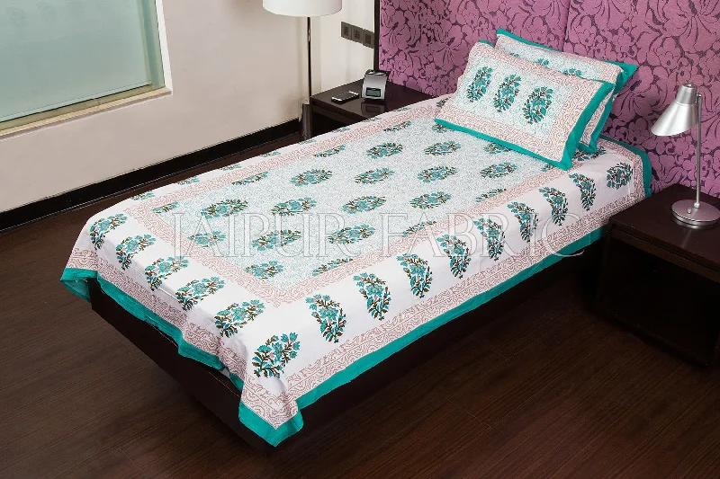 Stock Up and Save White Base Bluish Green Floral Print Cotton Single Bed Sheet