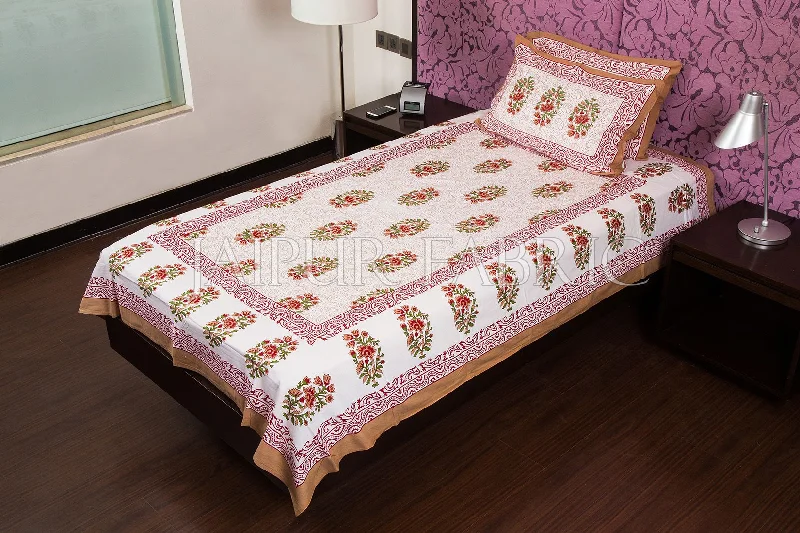 Limited Quantity White Base Brown Floral Print Cotton Single Bed Sheet