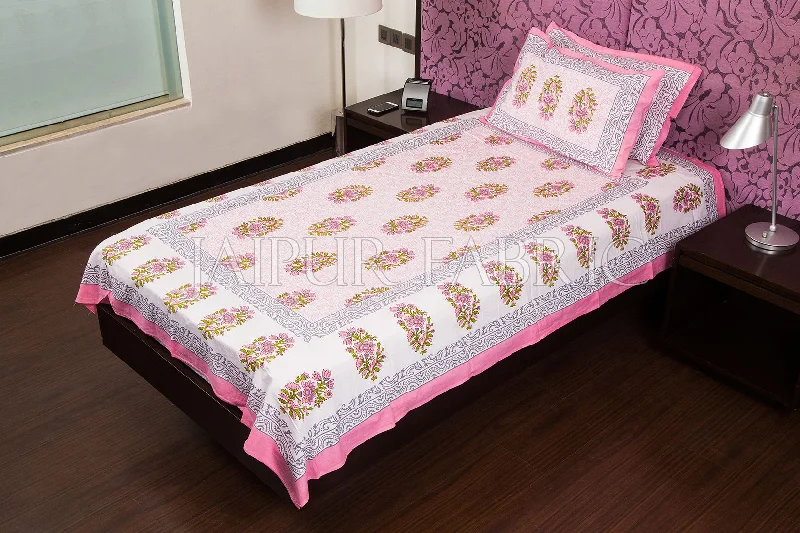Weekend Flash Sale White Base Pink Floral Print Cotton Single Bed Sheet