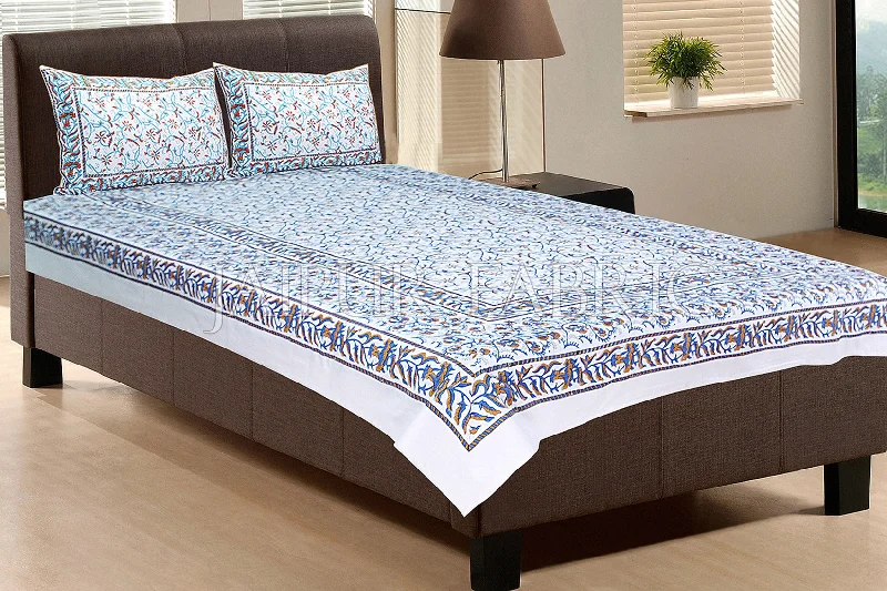 Flash Sale Happening Now – Act Fast White Base With Blue and Brown Color Print Single Cotton Bed sheet Flash Sale Happening Now – Act Fast White Base With Blue and Brown Color Print Single Cotton Bed sheet