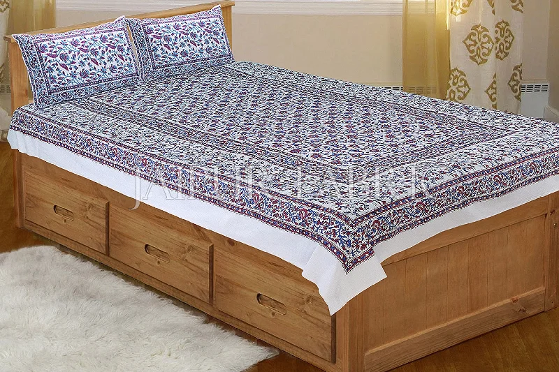 Price Fest White Base with blue and Red floral print Single Cotton Bedsheet