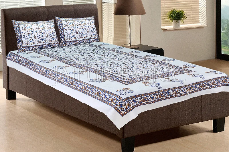 Bargain Prices White Base With Blue color Floral Block print Single Cotton bed Sheet Bargain Prices White Base With Blue color Floral Block print Single Cotton bed Sheet
