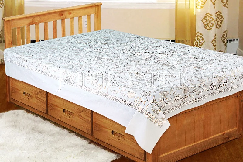 Epic Deals White Base With Gloden Floral hand Block Print Single Cotton Bed Sheet