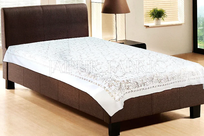 Discount Deals White Base With Gloden hand Block Print Single Cotton Bed Sheet