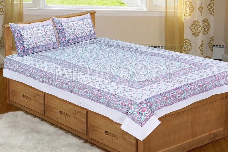 Bargain Bin White Base With Pink and Cyan Color Print Single Cotton Bed sheet